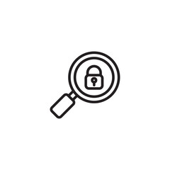 A black outline icon features a magnifying glass with a padlock symbol at its center, indicating a secure search or an examination of locked data.