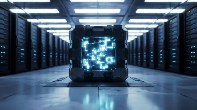 Quantum computer core pulsating with light in a cold futuristic server room, crisp 4K focus