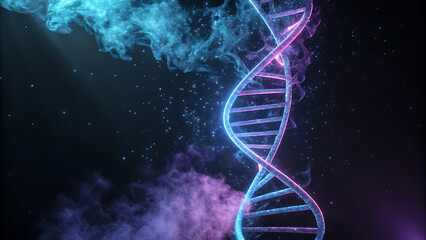 Abstract Glowing Helix Structure Surrounded by Colorful Wisps and Particles on a Dark Background