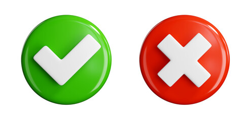 Green check mark and red cross icons isolated on transparent background. 3D render.