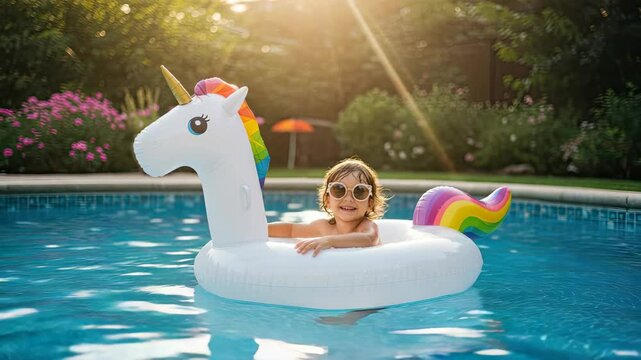 Child in a unicorn pool float