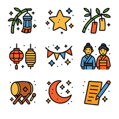 Tanabata matsuri icons showcase japanese cultural icons and symbols.
