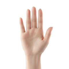A close-up of a human hand raised with fingers extended, showcasing the palm on a white isolated background.