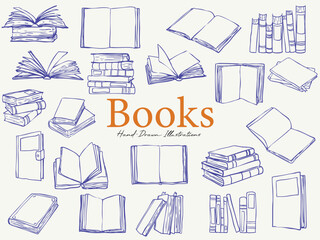 Hand drawn book illustration set featuring open books, stacked books, journals, and textbooks in minimal line art style perfect for education materials, libraries, reading apps, and school designs