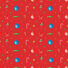 Seamless watercolor pattern. Hand drawn lollipops, Christmas tree decorations, ribbons, fir branches, candies isolated on burgundy background. Design for wrapping paper.