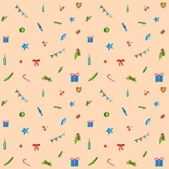 Seamless watercolor pattern. Hand drawn Christmas tree decorations, ribbons, fir branches, candies isolated on peach background. Design for wrapping paper.
