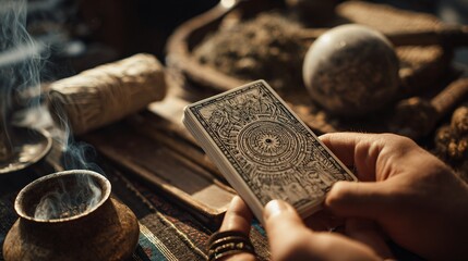 A hand holds a tarot card deck, with a smoke-filled pot and other mystical objects nearby.