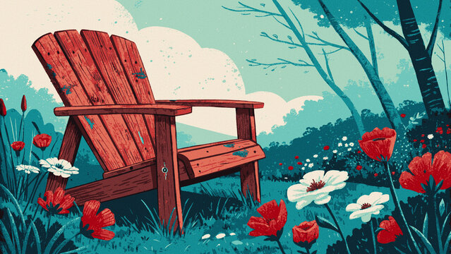 Adirondack chair with traces of blue paint and spring flowers. Depiction of a pastoral landscape.