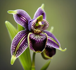 The striking Bee Orchid displays its vibrant, intricate petals in shades of purple and green with a distinctive central structure reminiscent of a furry bee.