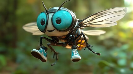 Fototapeta premium Cute cartoon fly wearing sneakers in flight