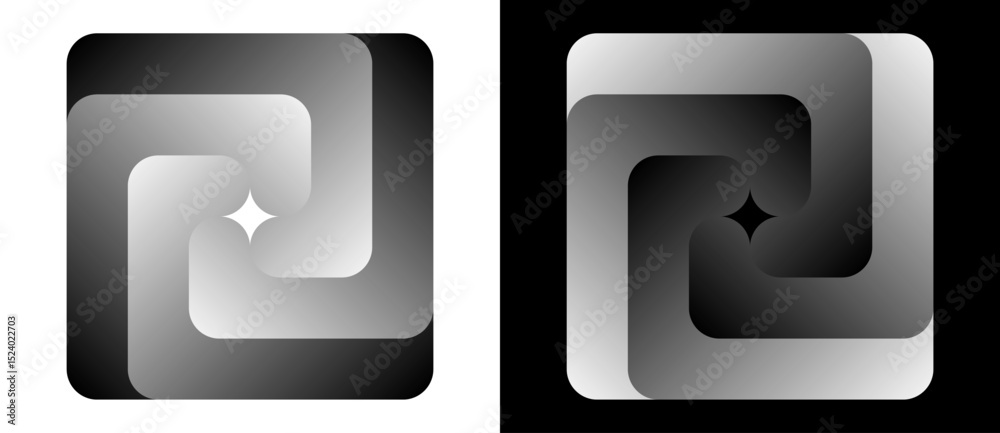 Poster Squares with gradient in spiral. Dynamic design element, icon or logo. One spiral on white background and negative spiral on black background.