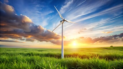 Fototapeta premium A wind turbine stands in a lush green field under a colorful sunset sky.