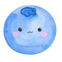 This is cute watercolor illustration of smiling blueberry with happy expression