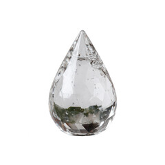 A glistening crystal teardrop figurine sits on a white isolated background, reflecting light beautifully with intricate cuts enhancing its sparkling appearance.