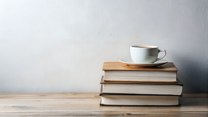 Naklejka premium A stack of books topped with a white cup displayed on a wooden surface for a cozy vibe.