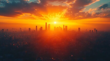 Dramatic cityscape at sunset with golden light and clouds over skyline and urban infrastructure