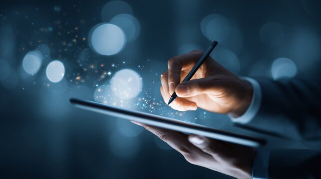 A hand interacts with a digital tablet using a stylus, surrounded by bokeh and light effects.