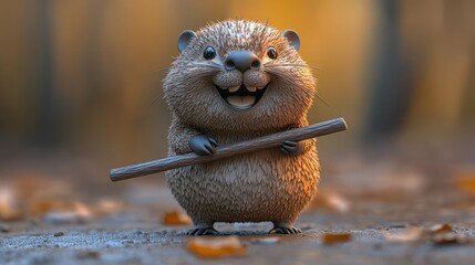 Obraz premium Cute cartoon beaver holding stick