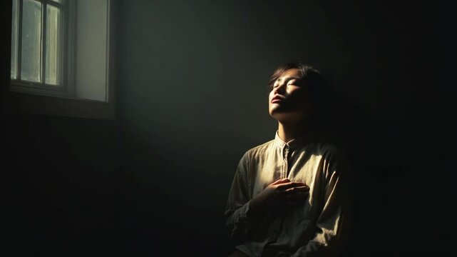 Radiant Contemplation: A person bathed in divine light. The scene portrays a moment of introspection and peace, The sunlight streams inward through a window.