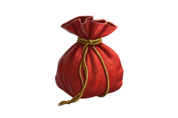 Red fabric money bag with golden rope drawstring closure and gathered top opening, isolated on a transparent background