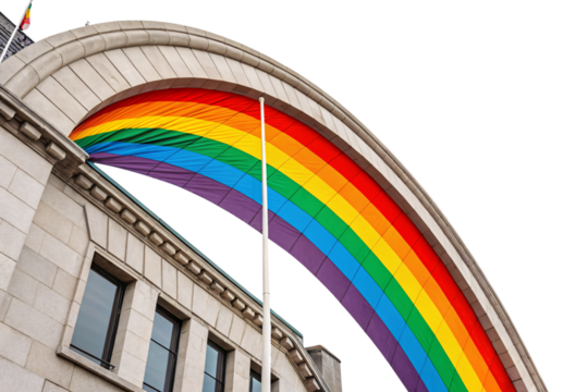 Large rainbow arch installation on building facade with classic six-color pride stripes design, isolated on a transparent background