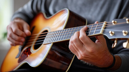 Close-up of hands playing acoustic guitar