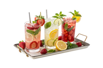 Three refreshing fruit cocktails with strawberries, citrus slices, and fresh mint garnishes on decorative serving tray, isolated on a transparent background