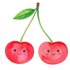 Cute watercolor cherries with smiling faces and green leaf