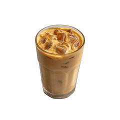 A refreshing glass of iced coffee featuring creamy texture and ice cubes, perfect for cooling down on a hot day.