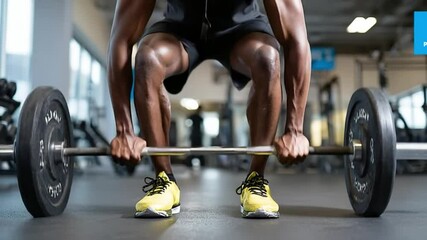Strength and Determination: A powerfully built individual, embodying strength and dedication, prepares for a deadlift, showcasing the raw power of human athleticism in an indoor gym setting.