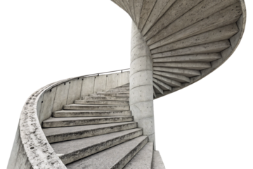 Weathered concrete spiral staircase viewed from below showing textured surfaces and geometric step patterns, isolated on a transparent background