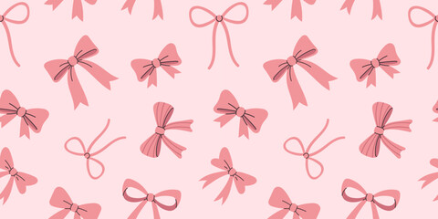 Cute bow vector background. Pink bow seamless pattern for wallpaper, fabric, and girly designs. Wrapping design.