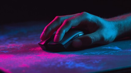 Close up of a hand using a computer mouse on a mousepad with neon pink and blue lighting.