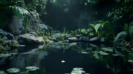 Mystical Water Garden: A tranquil water garden scene featuring a reflective pond surrounded by lush vegetation and moss-covered stones, evoking a sense of serenity and natural beauty.