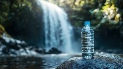 Clear Water Source: A refreshing bottle of clean water sits in the foreground against the backdrop of a majestic waterfall, embodying purity, hydration, and the beauty of nature.