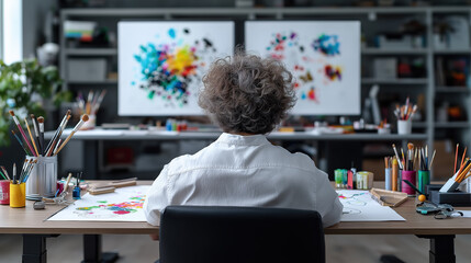 Artist working on painting in creative studio