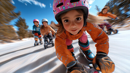 Child rollerblading fast on snow