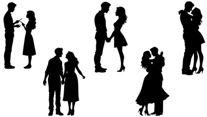 Stylish Silhouette Set of Romantic Couples in Love - Hugging, Kissing, Dancing, Holding Hands