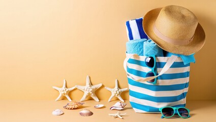 Beach Bag with Accessories and Seashells on Beige Background