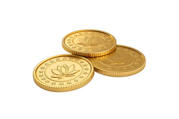 Golden coins featuring lotus flower designs surrounded by decorative star borders, isolated on a transparent background