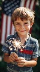 Sparkler boy against American Flag Background. ai generated
