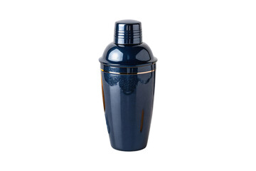 Sleek navy blue cocktail shaker with metallic cap and smooth glossy finish for bartending and drink mixing, isolated on a transparent background