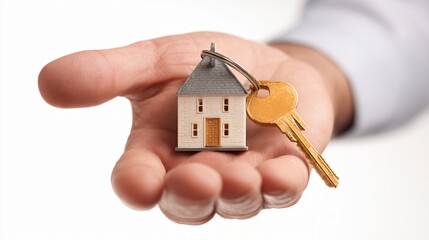 A hand presents a tiny model home and a key, symbolizing ownership and the dream of having a home.