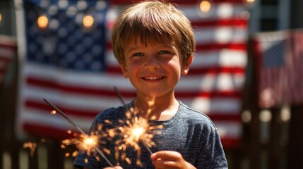 Sparkler boy against American Flag Background. ai generated