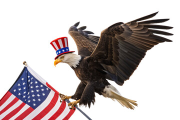 Bald eagle with Uncle Sam hat carrying American flag while flying with outstretched wings proudly, isolated on a transparent background