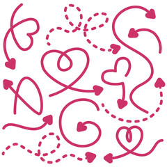 Playful vector artwork featuring pink arrows, curved lines, spirals, and heart shapes, creating a whimsical and dynamic design, perfect for backgrounds, textiles, and decorative projects