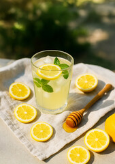 Fototapeta premium Refreshing lemonade with lemon slices, mint leaves, and ice cubes served with honey on linen cloth in summer sunlight. Natural and healthy summer drink.