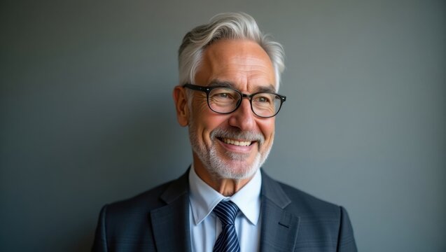 Foto corporativa de un hombre de negocios maduro con gafas, corbata azul marino y fondo gris, expresi&oacute;n profesional seria