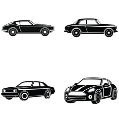 Set of Cars in Clean Black Silhouette Vector Illustration