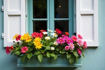 Fototapeta premium Charming window box overflowing with colorful flowers, nestled beside rustic white shutters Perfect for adding a touch of cottagecore charm to your home decor , colorful, botany